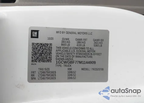 2021 Chevrolet Express Cargo Rwd 2500 Extended Wheelbase Wt из США, поврежденный, VIN 1GCWGBF77M1144909